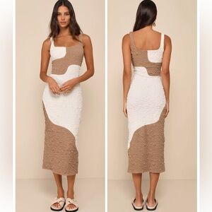 Lulus Instantly Adored Taupe and Cream Color Block Textured Midi Dress Medium